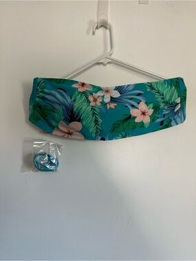 Kona Sol Teal Tropical Floral Bandeau Bikini Top NW and Lands End Swim Skirt